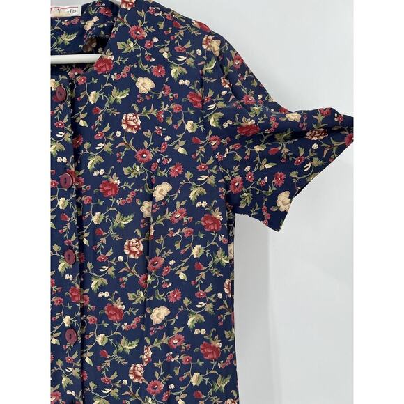 Talbots Vintage Dress Womens Medium/Large Navy Blue Floral Print Button Pleated - Picture 4 of 16